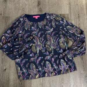 Lilly Pulitzer S Lambert Silk Top True Navy Rainbow Multi Floral Metallic